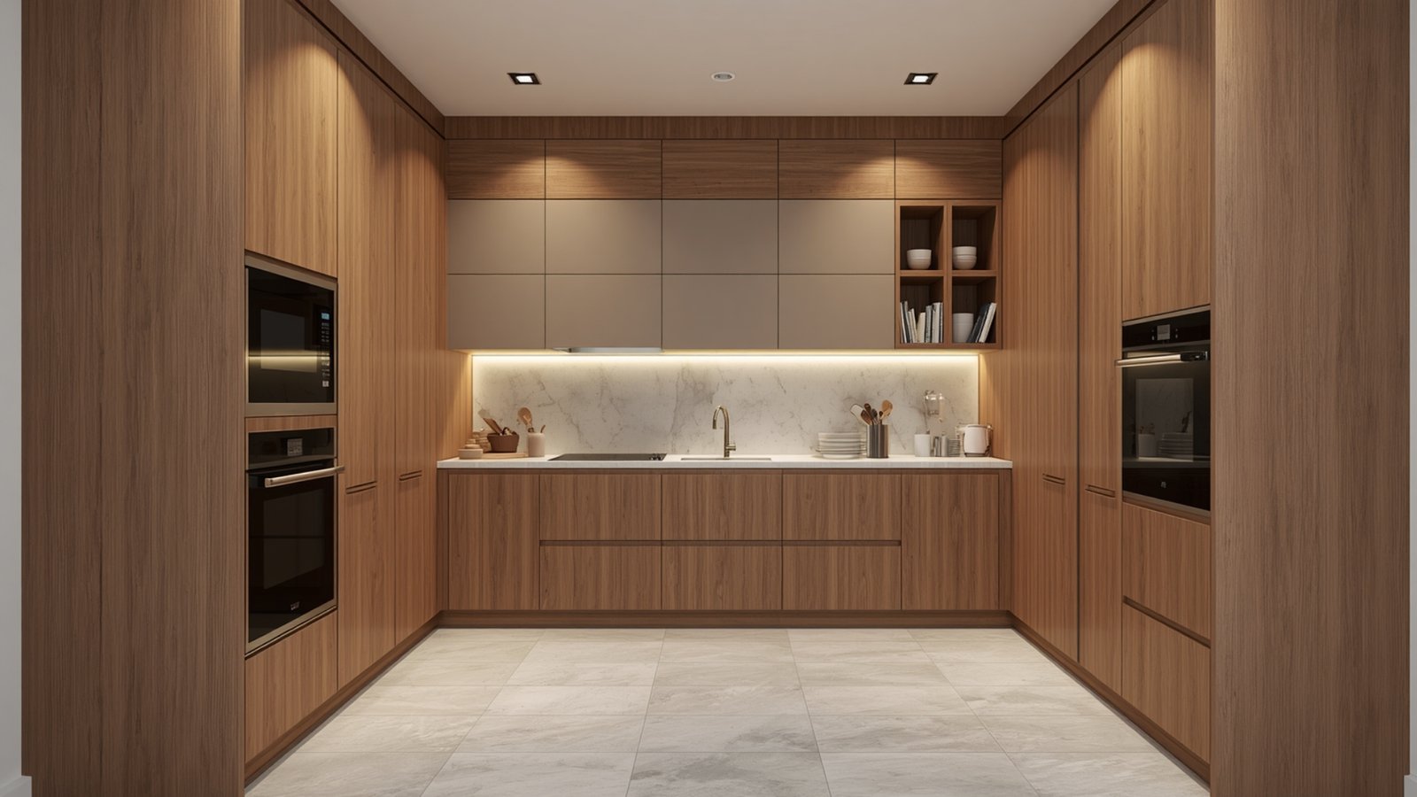 Modern Indian modular kitchen with full-height cabinets, built-in appliances, and smart storage solutions