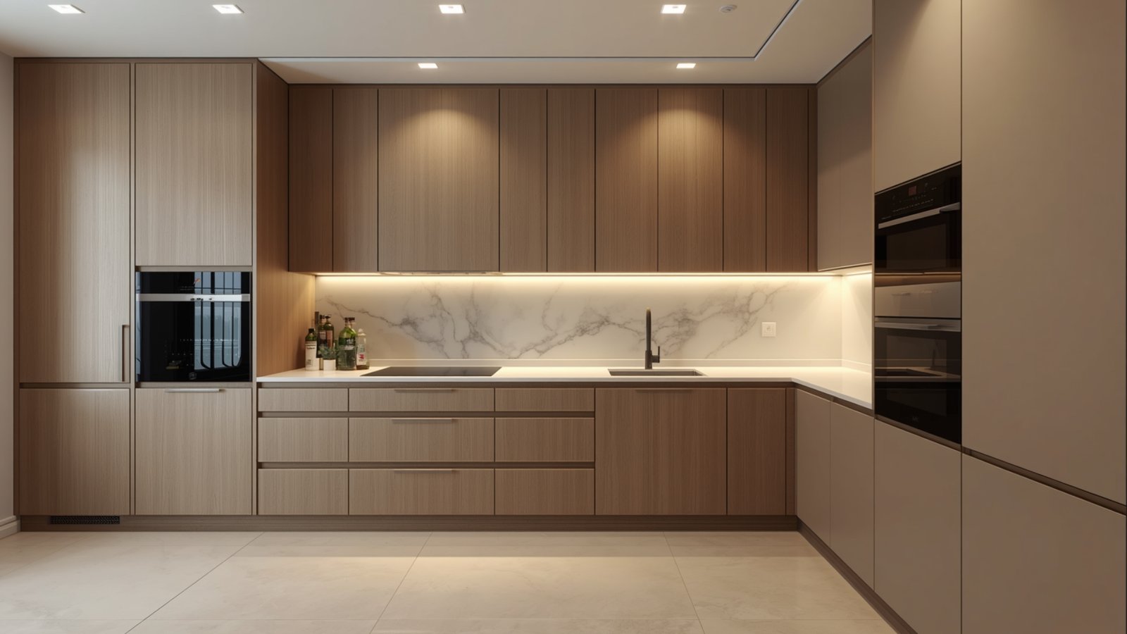 Full-height kitchen cabinets providing floor-to-ceiling storage in a modern modular kitchen