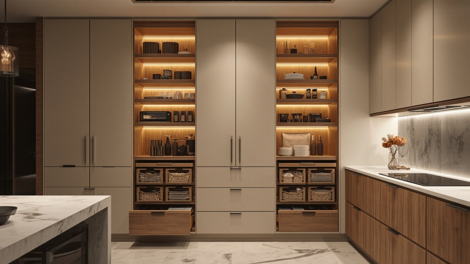Full-height storage in a modern bedroom with floor-to-ceiling wardrobes, organized shelves, and space-saving cabinets