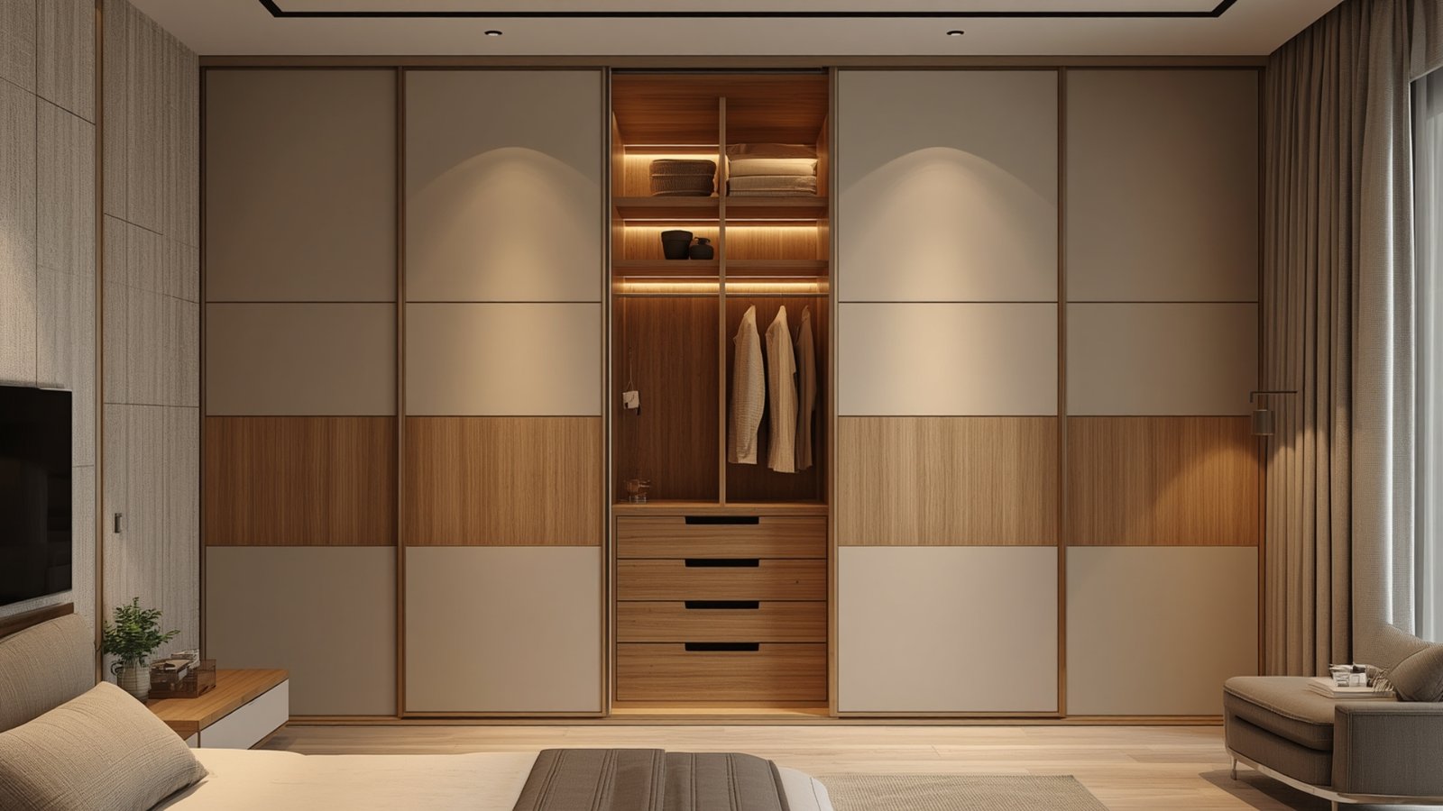 Full-height wardrobe design for a modern bedroom with floor-to-ceiling storage, sleek doors, and customized interiors