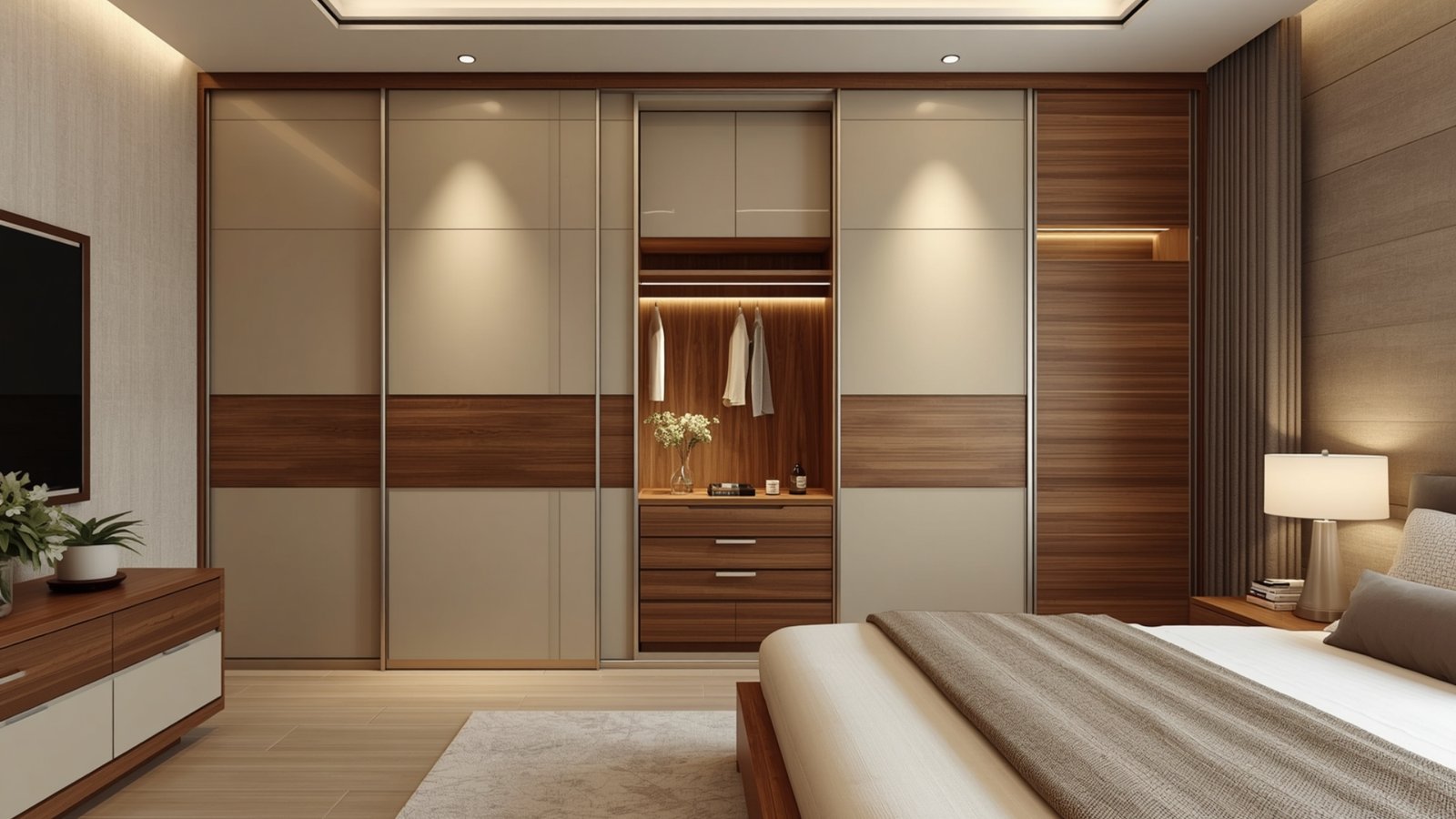 Full-height wardrobe in a modern bedroom providing maximum storage with floor-to-ceiling cabinets and sleek doors