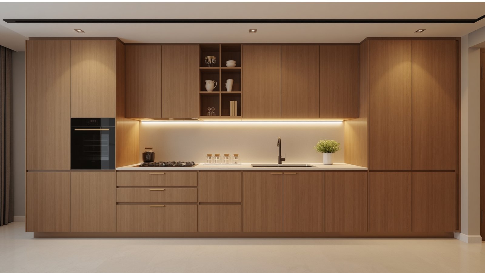 Functional modular kitchen with smart storage, efficient work zones, modern cabinets, and integrated appliances