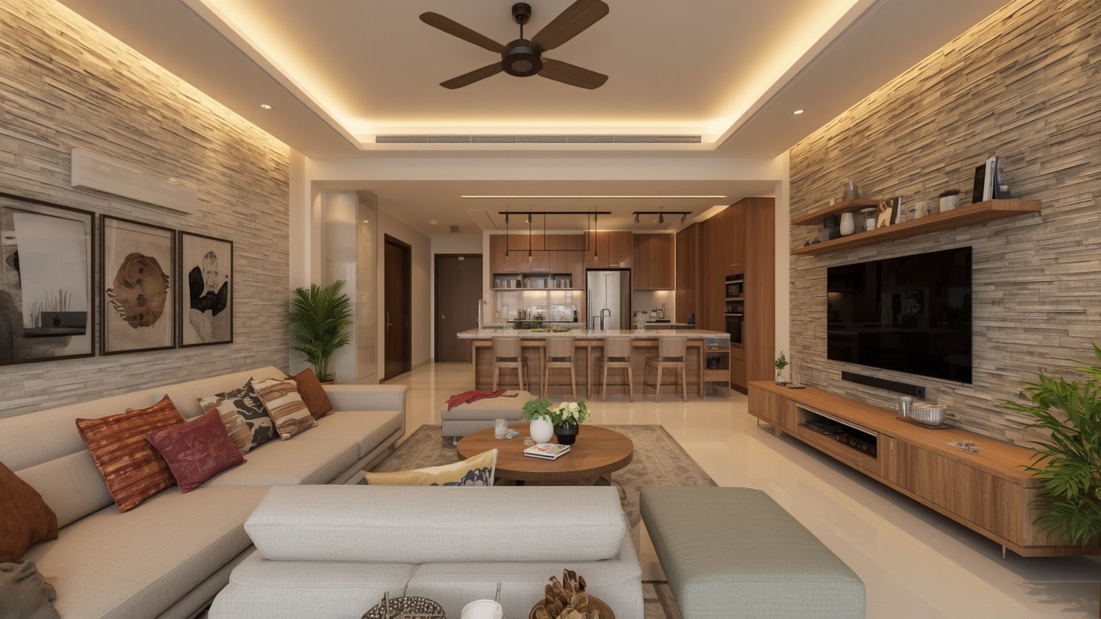 Goregaon 3BHK home interior with modular kitchen, sliding wardrobe, TV unit, sofa, false ceiling, and modern lighting