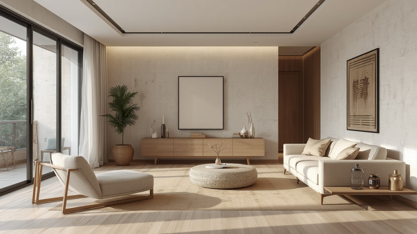 Japandi-inspired interior with natural wood furniture, neutral colors, minimalist décor, soft lighting, and organic textures