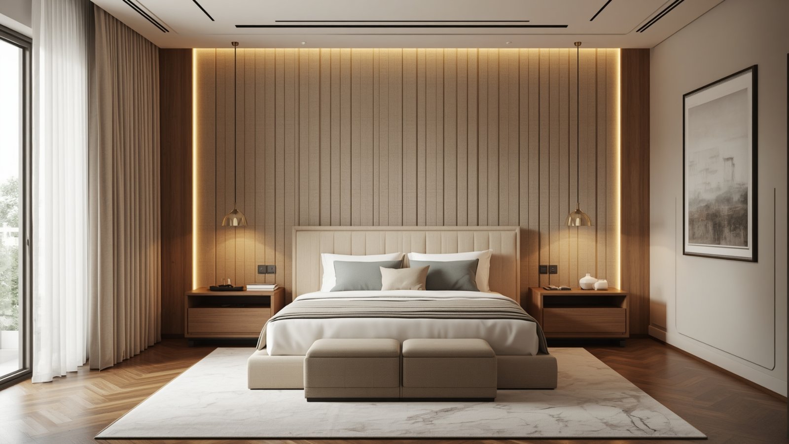 Layered lighting design for a modern bedroom using ambient, task, and accent lighting to create a warm atmosphere