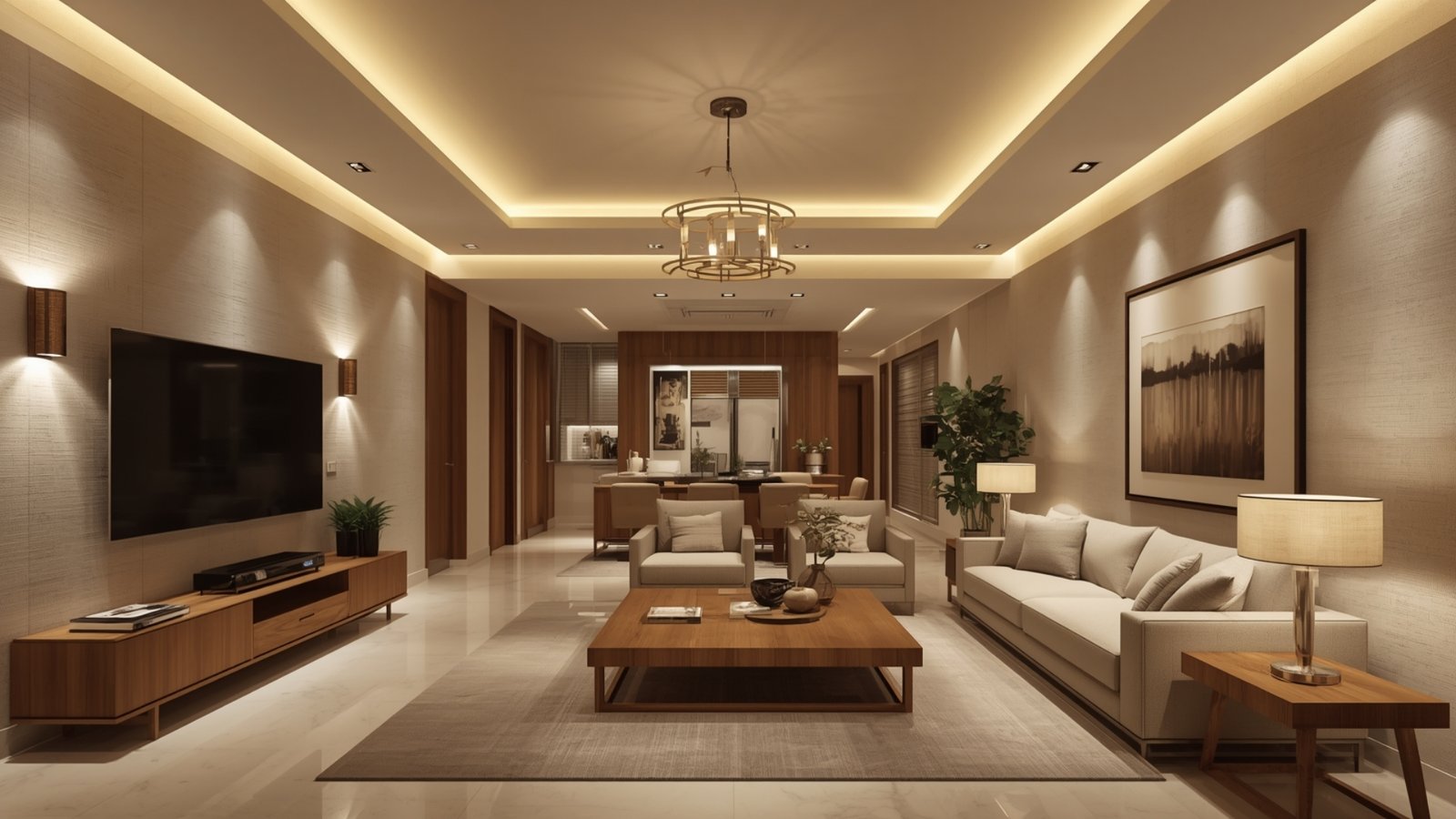 Layered lighting design for a modern home combining ambient, task, and accent lighting for a warm and functional interior