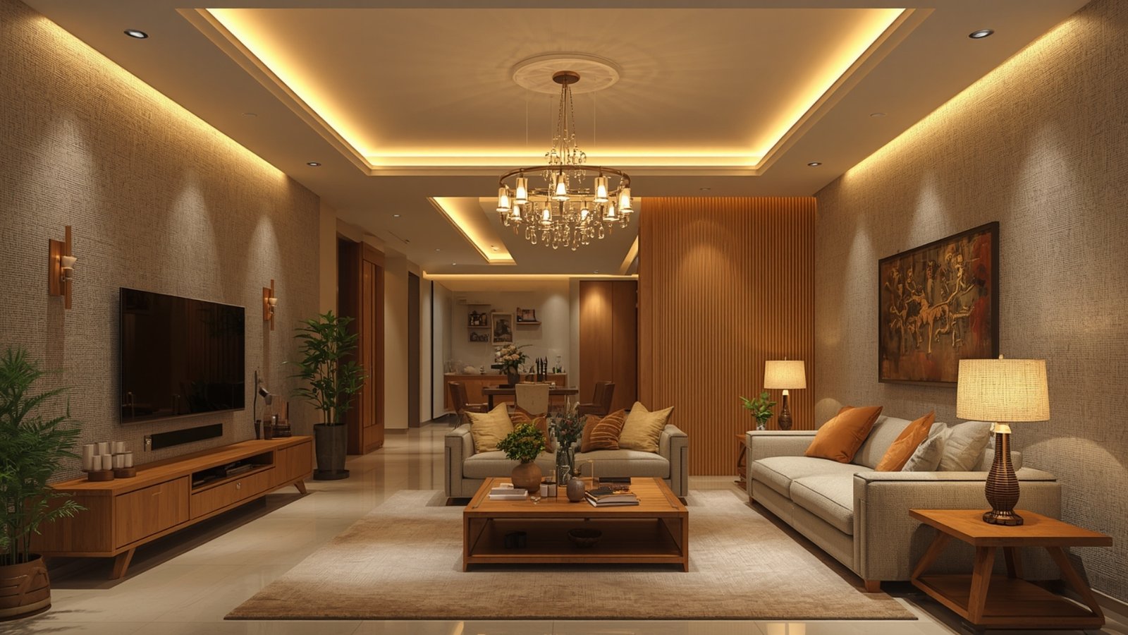 Layered lighting for living room using ambient, task, and accent lights to create a warm and inviting interior