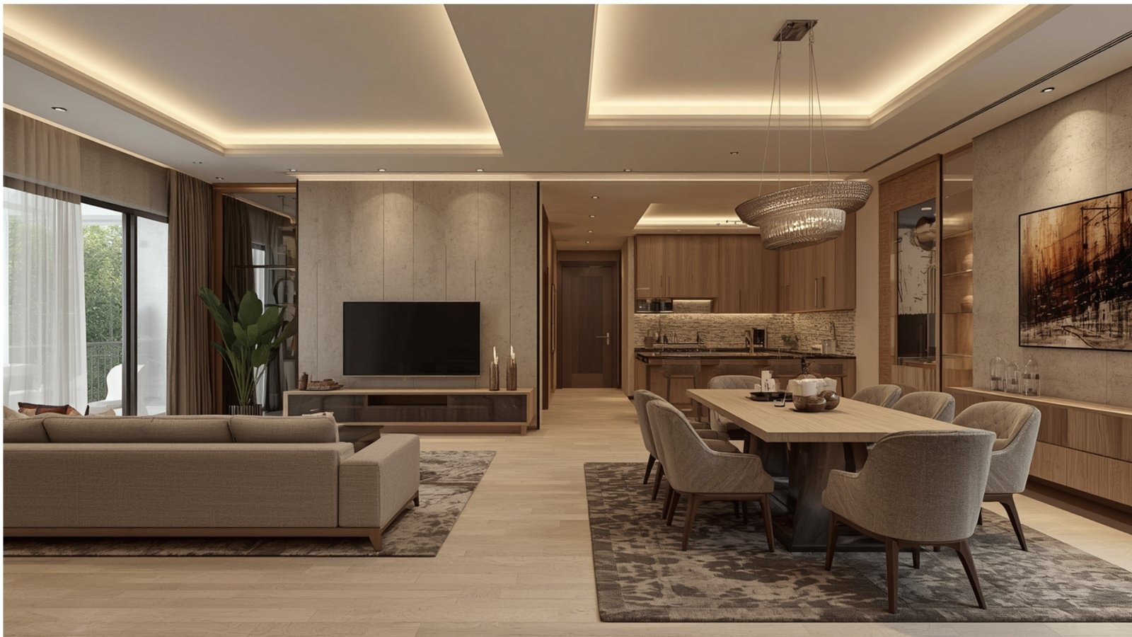 Layered lighting throughout a modern home combining ambient, task, and accent lighting for a warm and functional interior