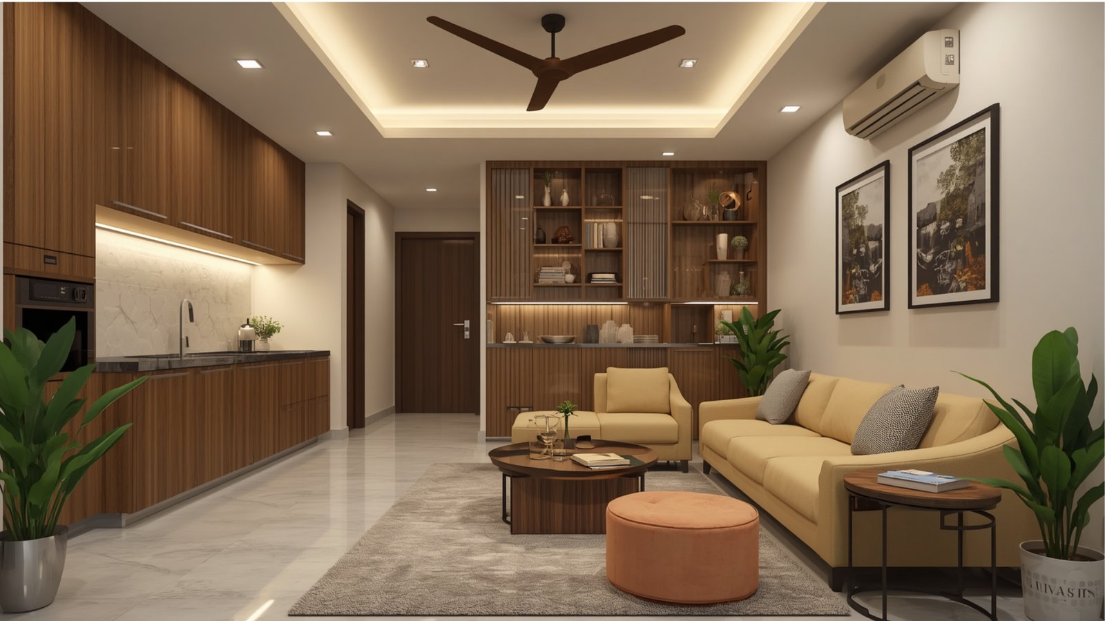 Living room with light and neutral colours featuring beige walls, cream furniture, natural wood, and soft lighting