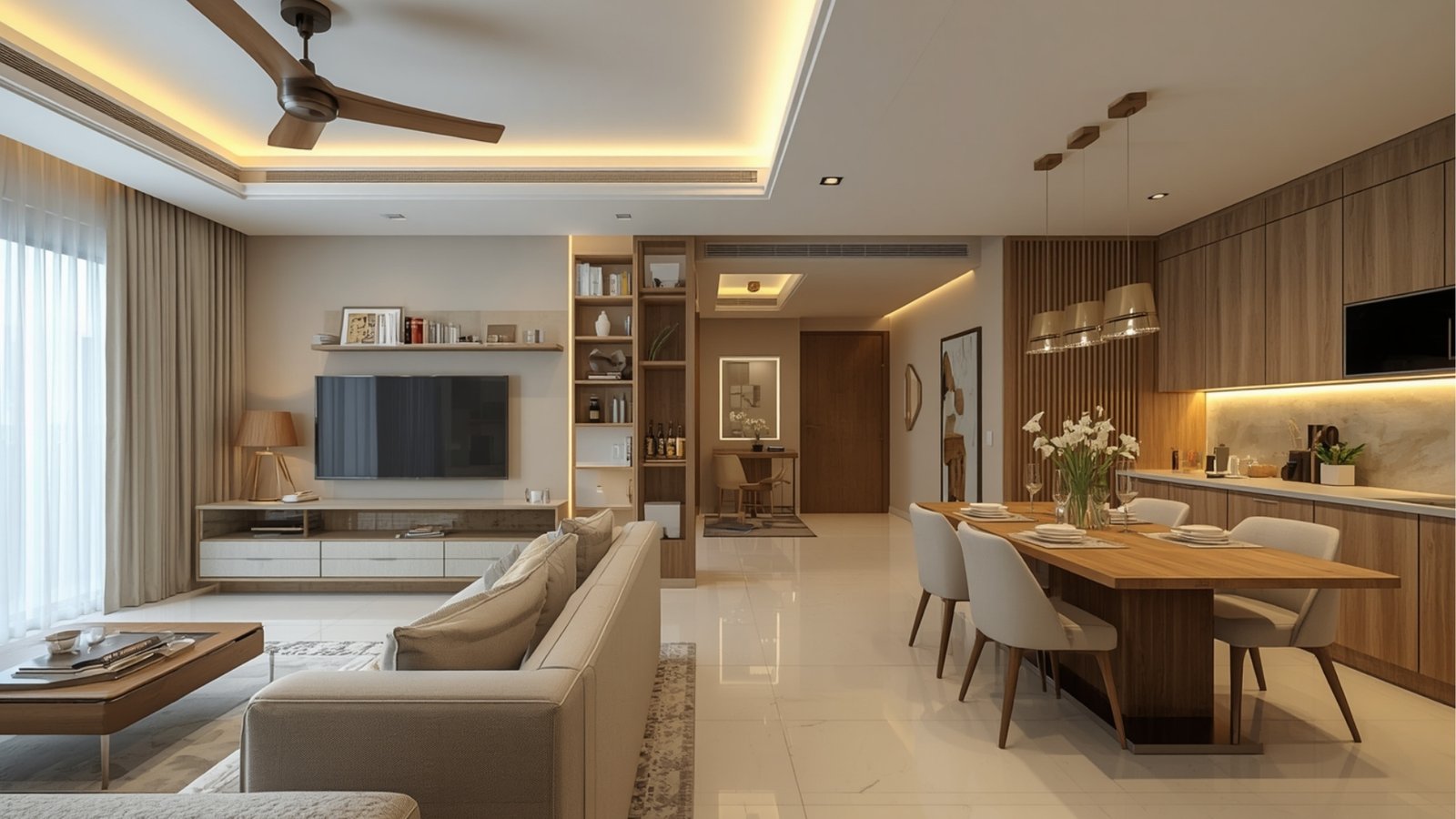 Modern luxury 3BHK apartment interior in Borivali with customized furniture, natural wood, textured walls, and warm layered lighting