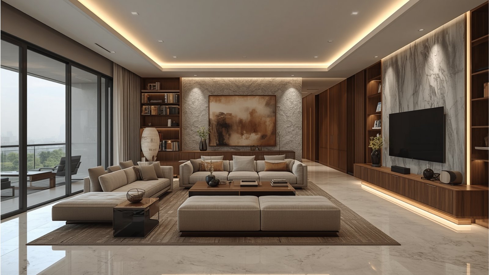 Luxury interior design ideas for Thane homes featuring premium furniture, natural materials, elegant lighting, and sophisticated décor