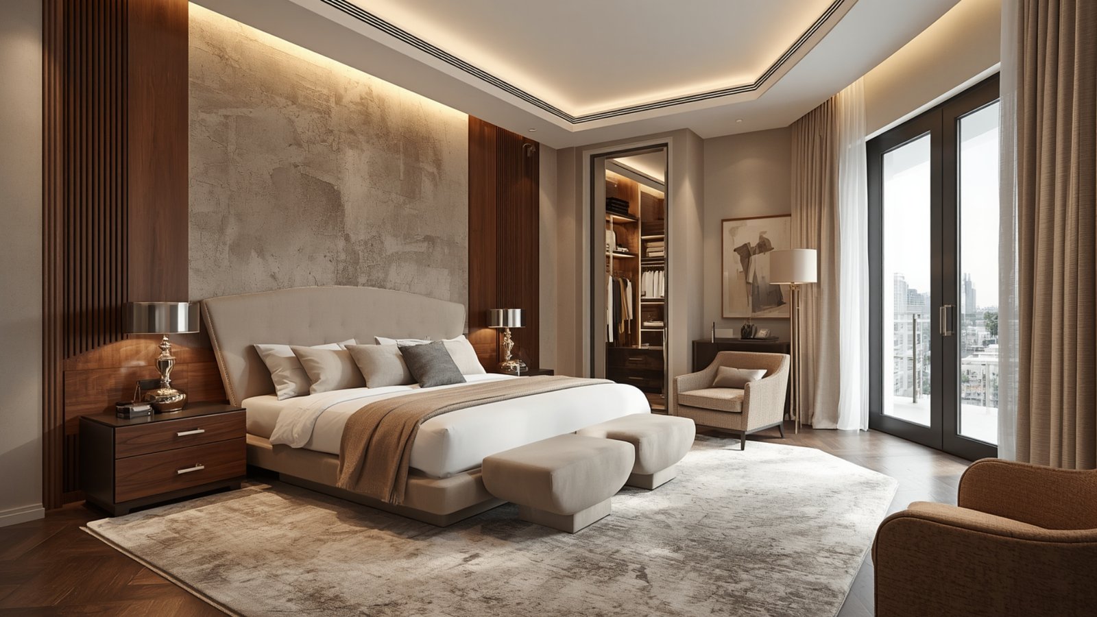 Luxury master bedroom interior with premium finishes and custom furniture