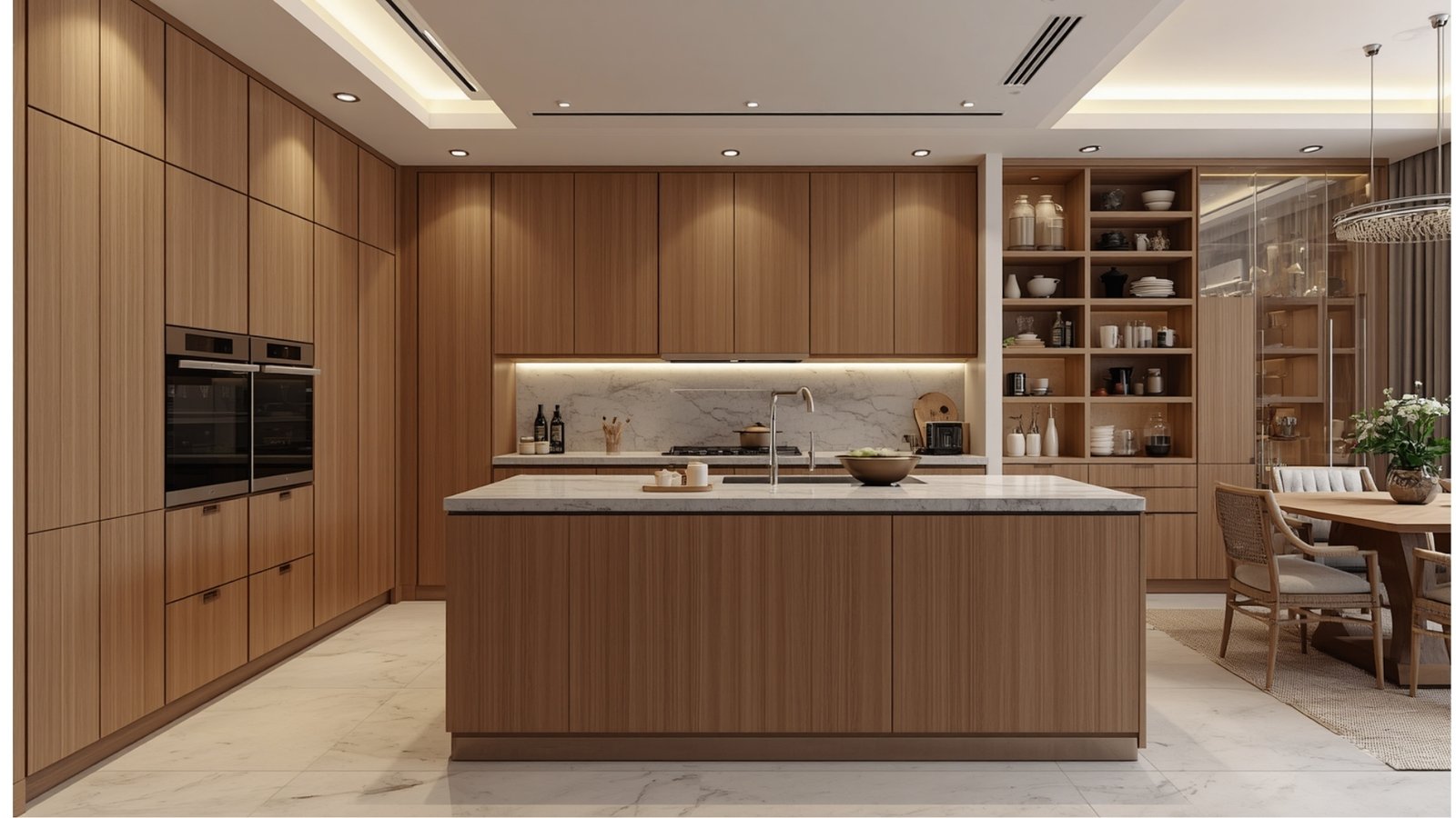 Luxury modular kitchen in a modern Indian home featuring custom cabinets, marble backsplash, island counter, and premium appliances