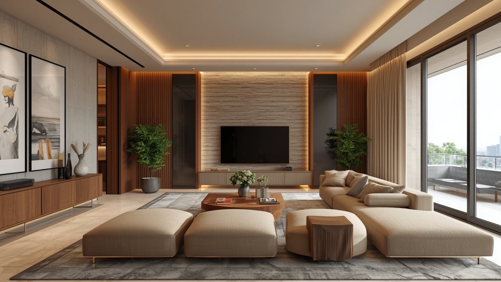 Minimalist living room design with clean lines, neutral colors, simple furniture, natural light, and clutter-free décor