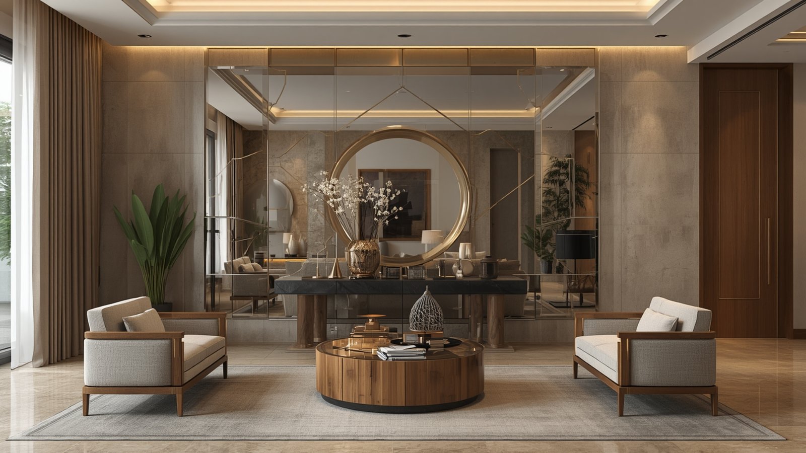 Modern living room with a mirror feature wall creating a brighter, more spacious, and elegant interior