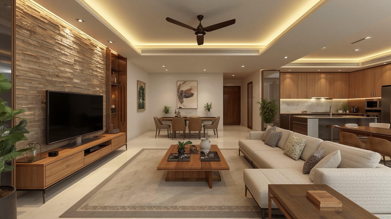 Modern 3BHK flat in Goregaon featuring space-saving furniture, customized storage, modular kitchen, and contemporary interiors