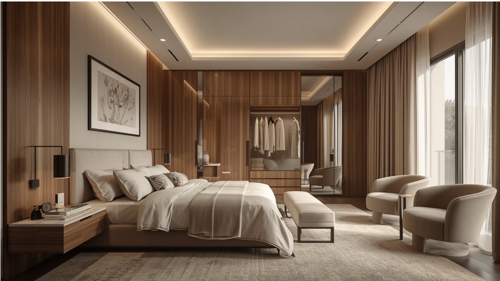Modern bedroom interior design with a stylish bed, customized wardrobe, warm lighting, and elegant contemporary décor