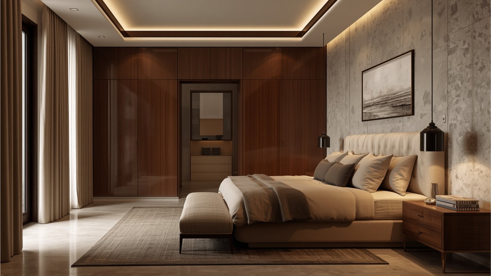 Modern boutique hotel bedroom featuring a plush bed, layered lighting, natural wood furniture, and elegant interior décor