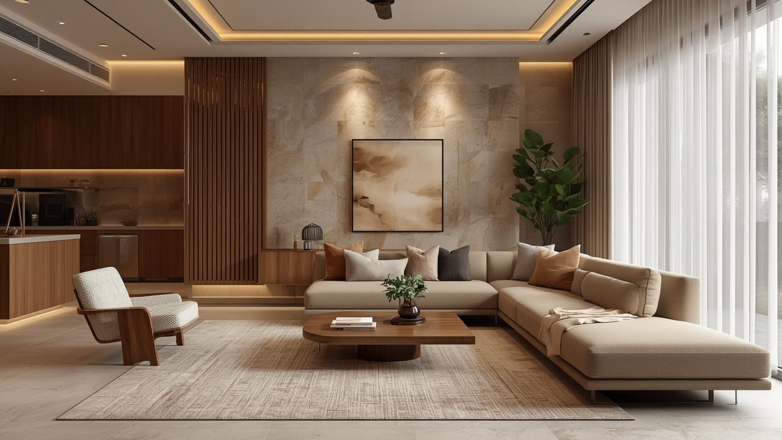 Modern comfortable living room design with stylish furniture, warm lighting, natural textures, and elegant home décor