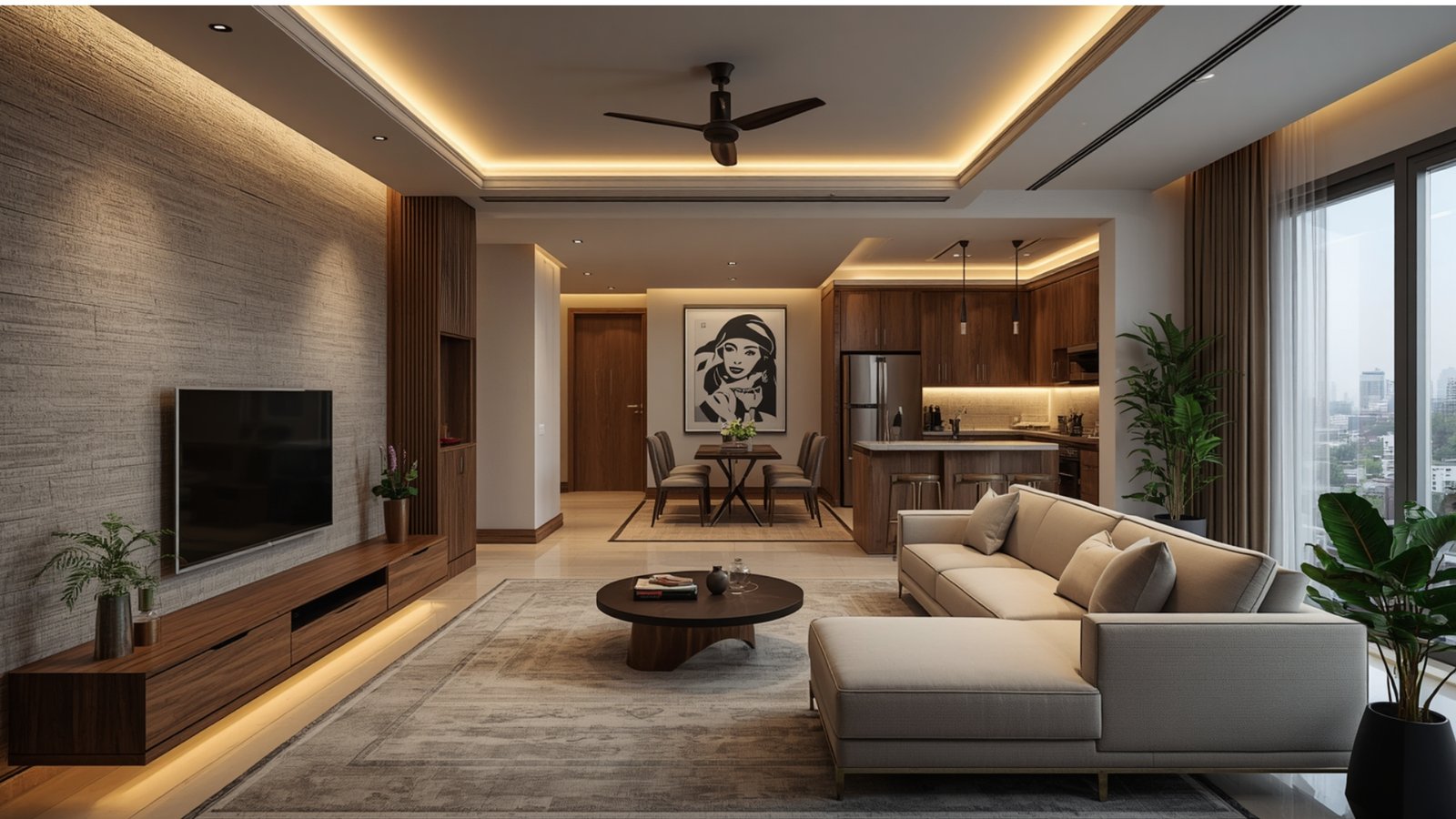 Modern home interior design featuring clean lines, functional furniture, neutral colors, natural materials, and layered lighting