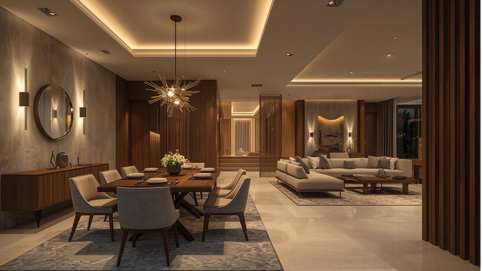 Modern home lighting ideas featuring layered lighting, pendant lights, recessed lights, and warm ambient illumination