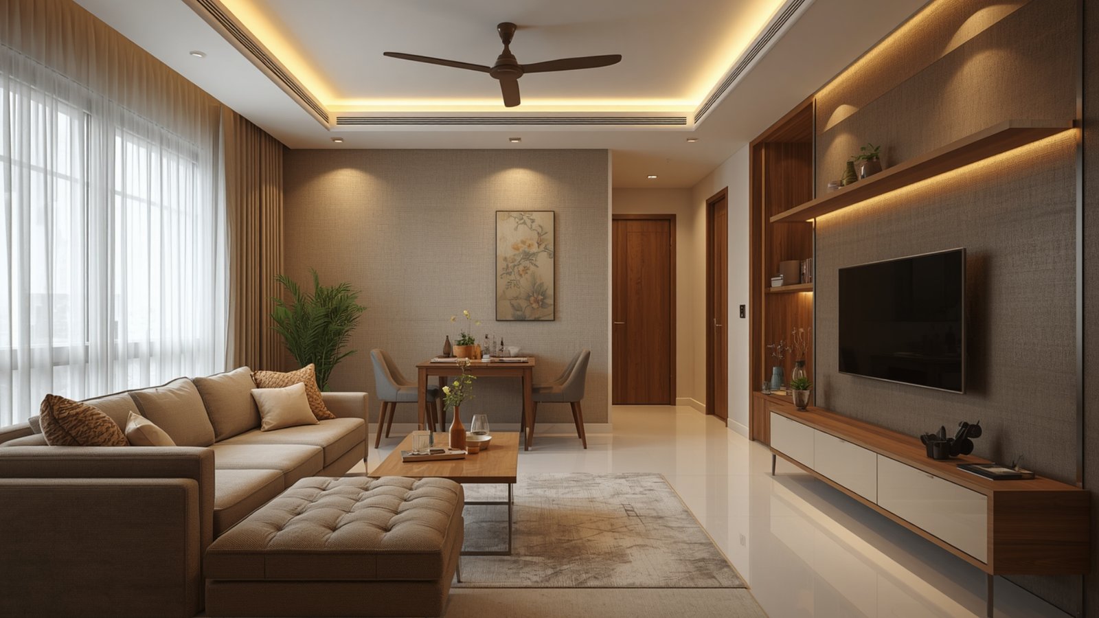 Modern Indian 1BHK interior design with space-saving furniture, smart storage, warm colors, and contemporary décor