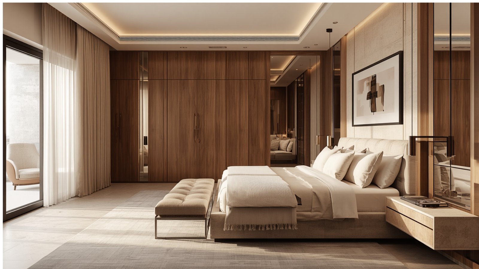 Modern Indian bedroom with a minimalist bed, wooden furniture, textured walls, soft lighting, and neutral colors