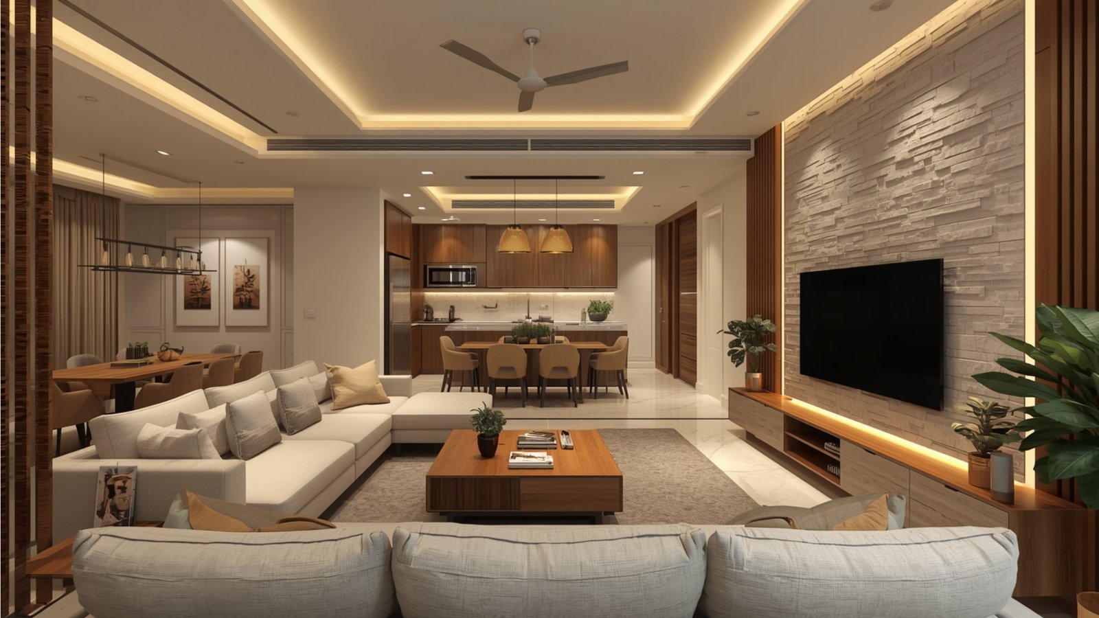 Modern Indian interior design combining contemporary furniture, traditional Indian décor, natural materials, and warm earthy colors