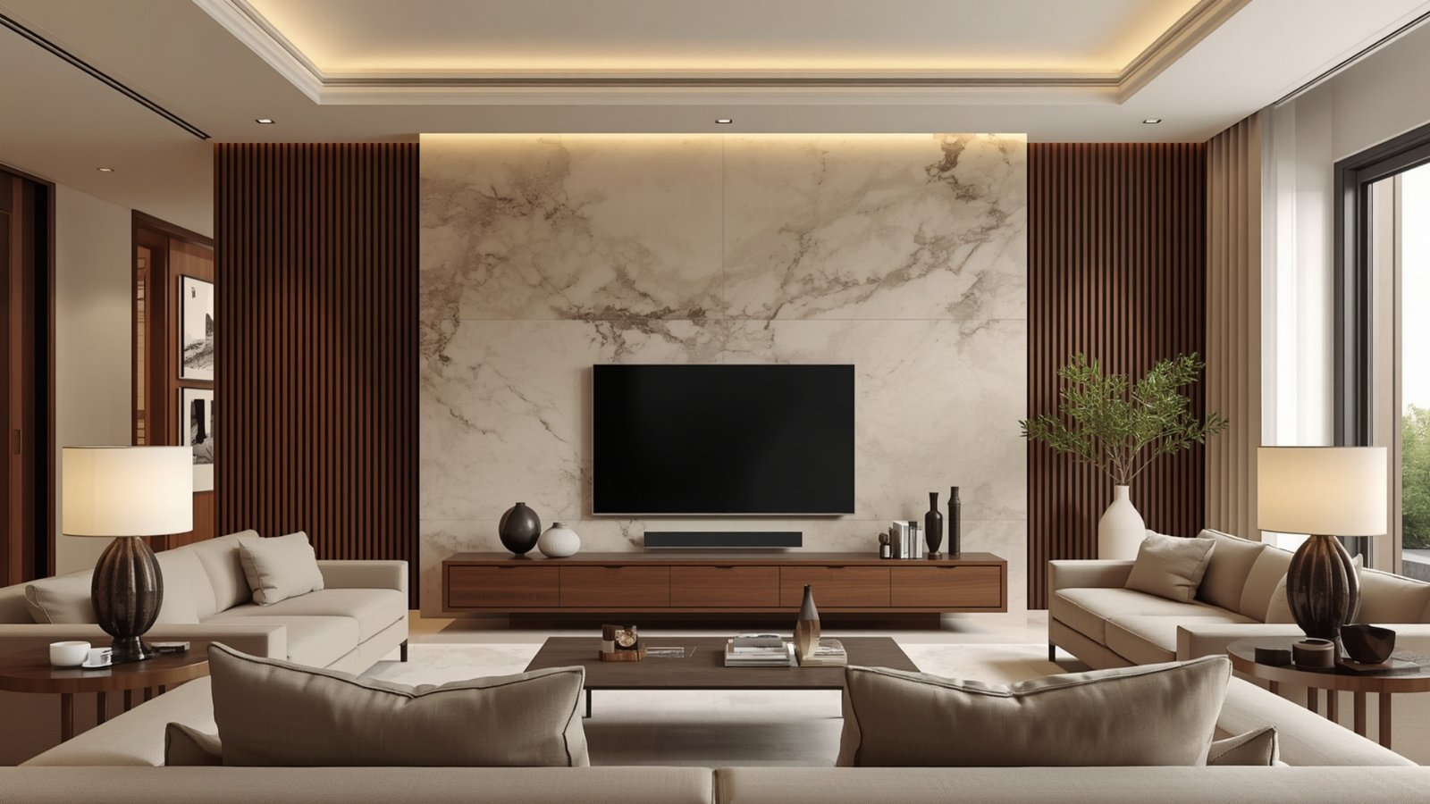 Modern Indian luxury interior with premium furniture, natural wood, marble accents, handcrafted décor, and warm ambient lighting
