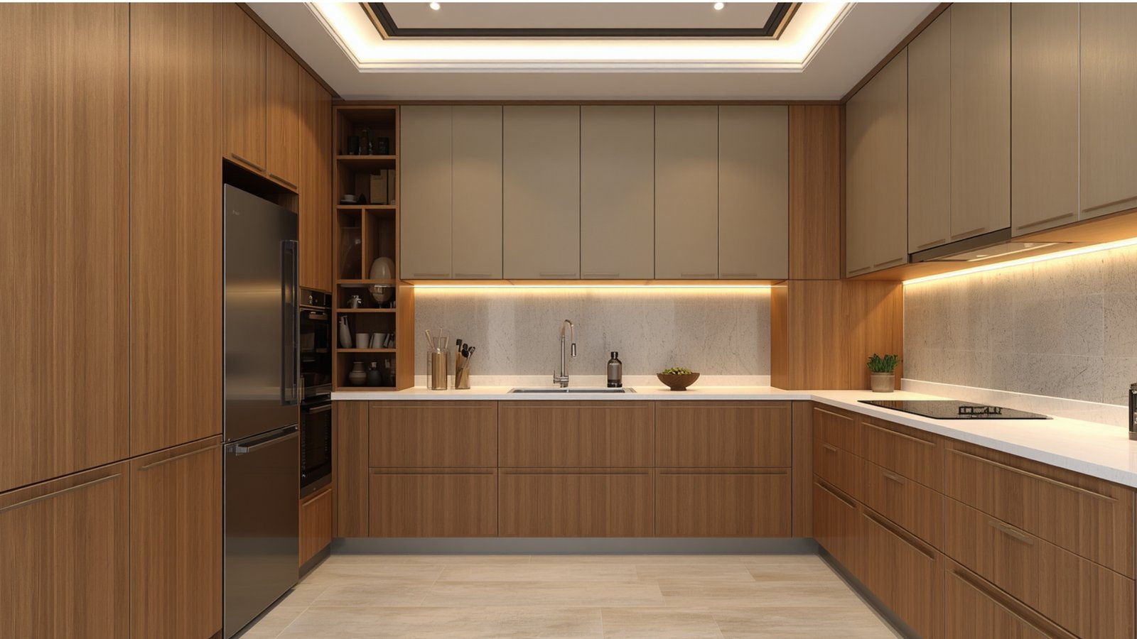 Modern Indian modular kitchen featuring floor-to-ceiling tall storage cabinets, built-in appliances, and organized kitchen storage