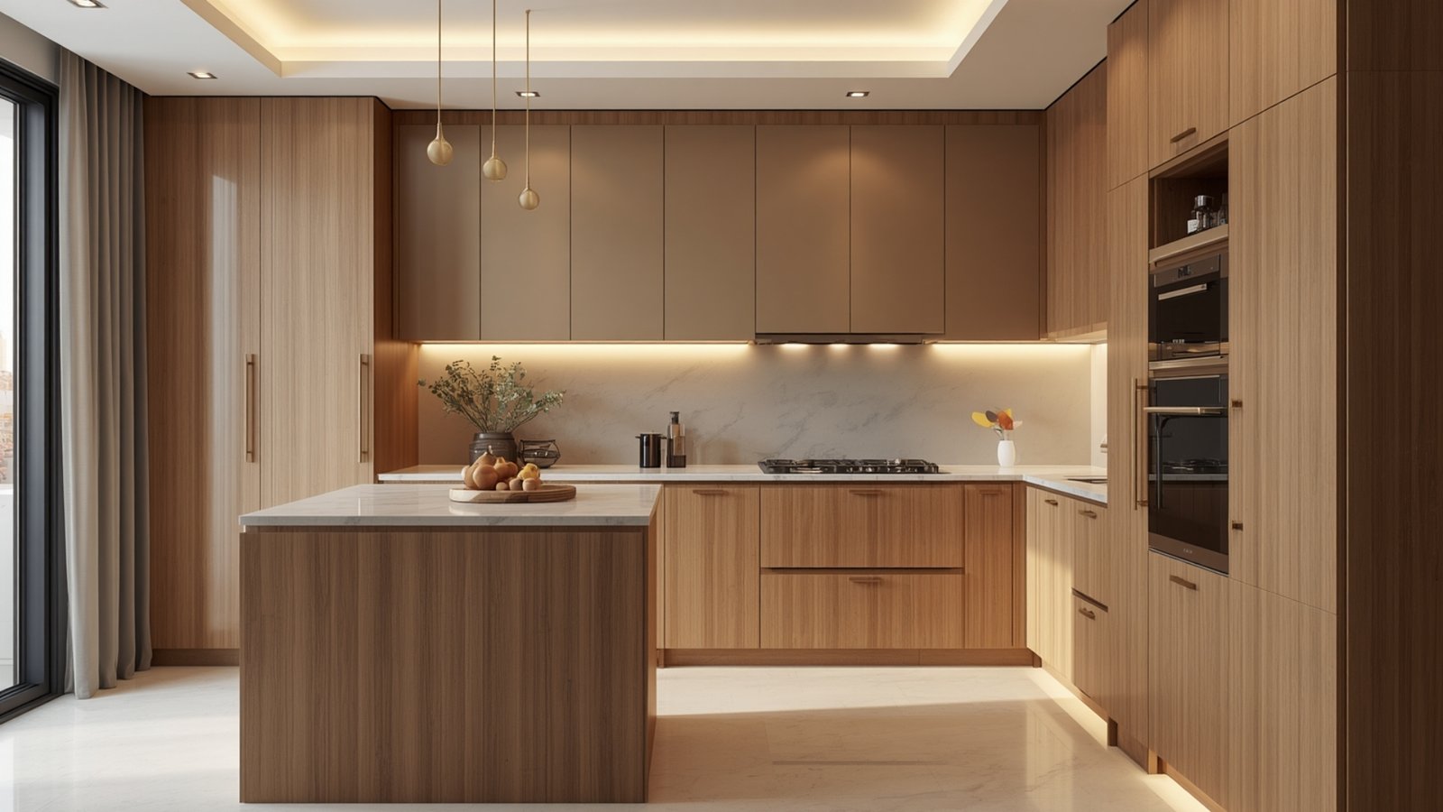 Contemporary Indian modular kitchen with handleless cabinets, quartz countertop, built-in appliances, and modern lighting