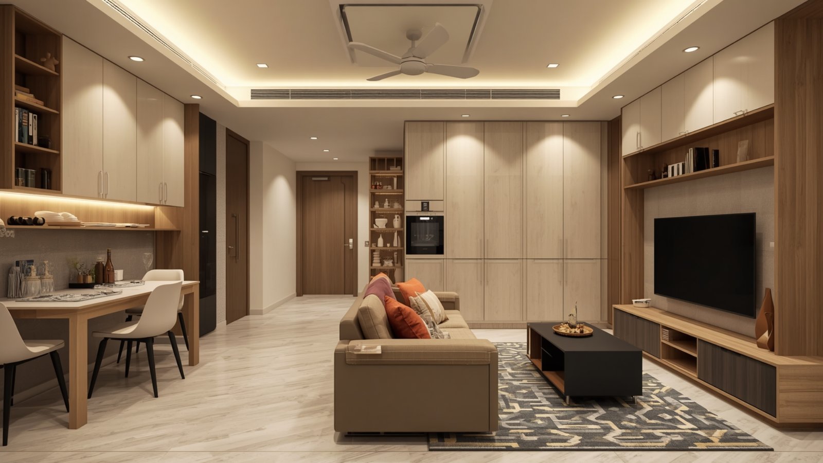 Modern interior design styles for a Goregaon 2BHK apartment with space-saving furniture, smart storage, and contemporary décor