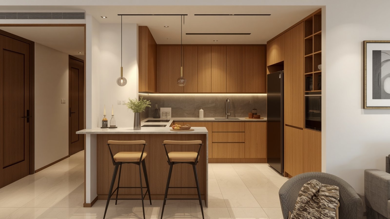 Modern kitchen breakfast counter with stylish bar stools, countertop seating, pendant lighting, and functional storage