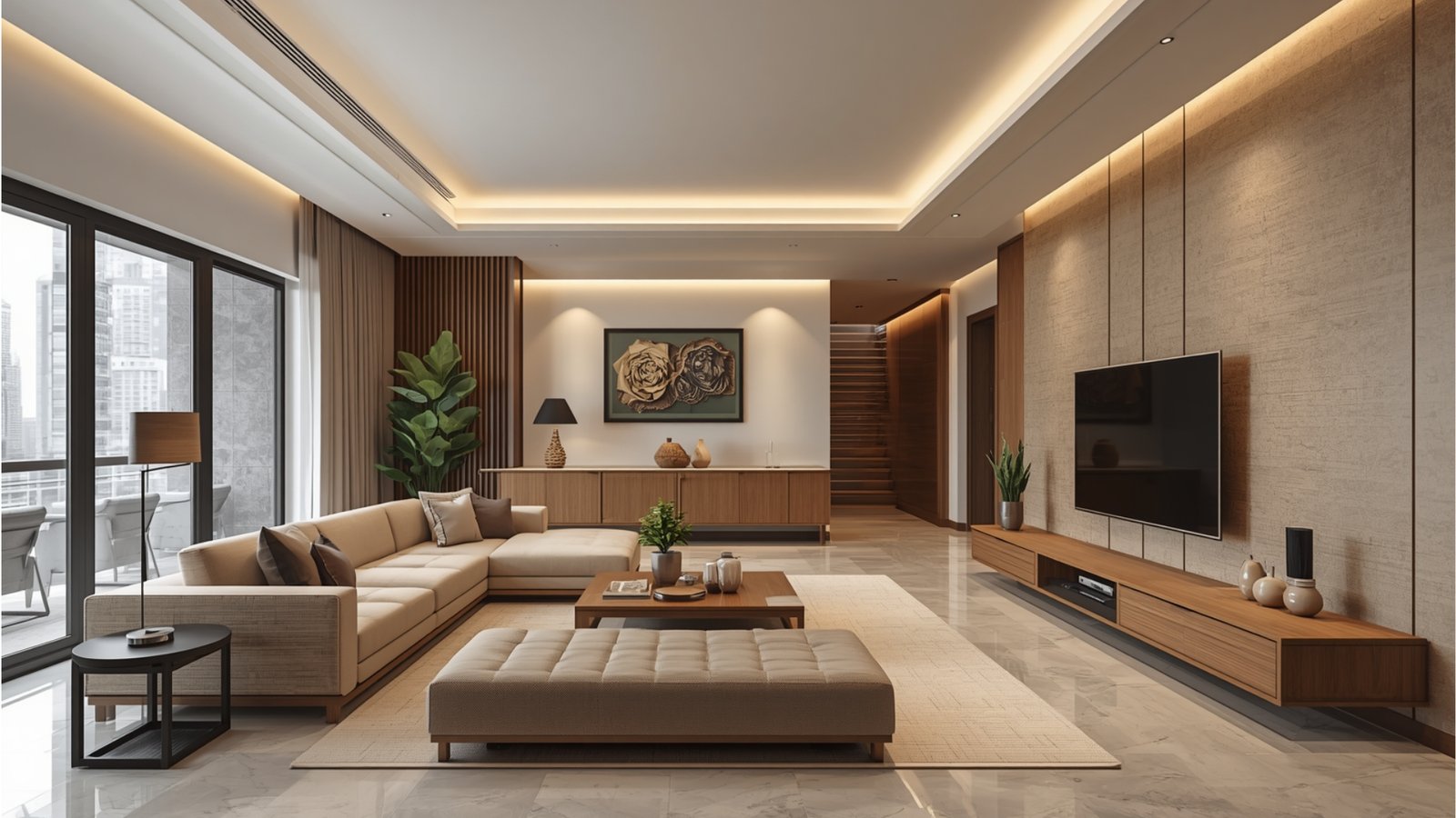 Modern living room interior ideas featuring contemporary furniture, neutral colors, stylish lighting, and elegant home décor