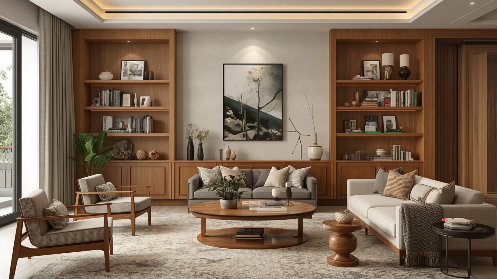 Modern living room with a statement accent wall featuring textured finishes, artwork, contemporary furniture, and ambient lighting