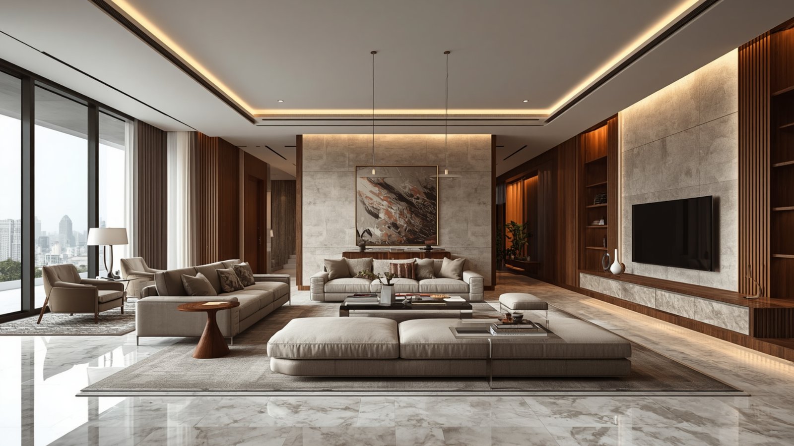 Modern luxury home interior in Thane with customized furniture, natural wood, marble accents, textured walls, and layered lighting