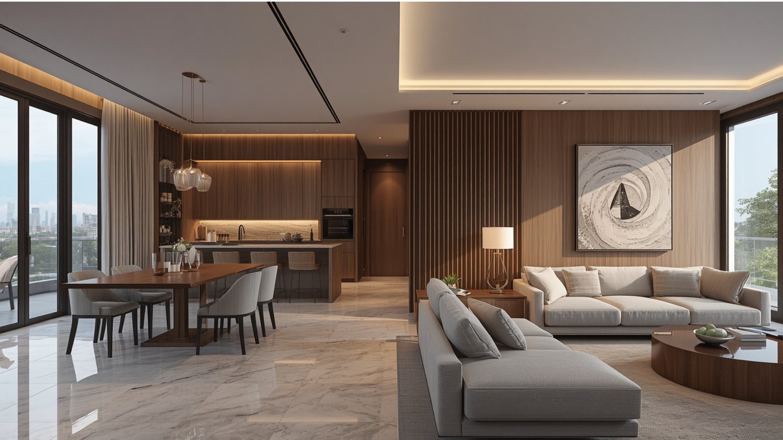 Modern luxury interior design ideas for Ranchi homes featuring elegant furniture, premium finishes, natural materials, and layered lighting