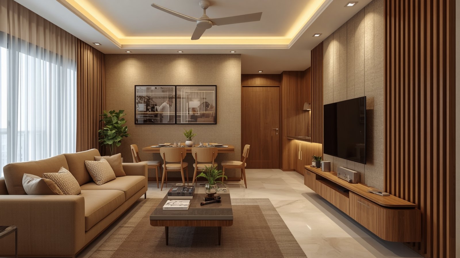 Modern minimalist living room featuring a neutral sofa, natural wood furniture, soft lighting, and simple elegant décor