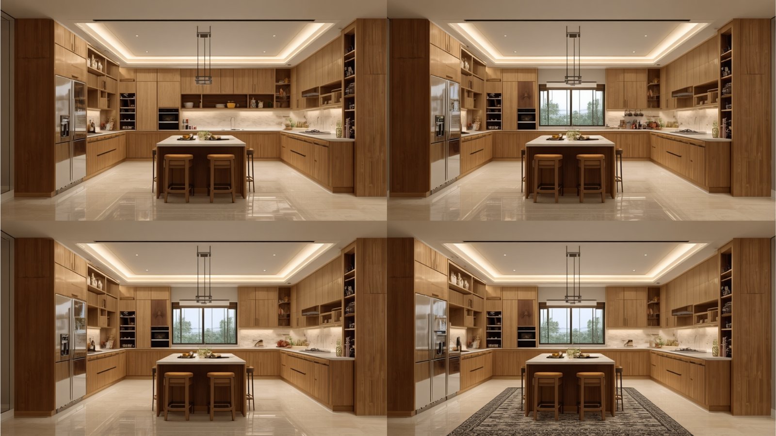 Modern modular kitchen with an efficient layout, customized cabinets, ample storage, and practical cooking workspace