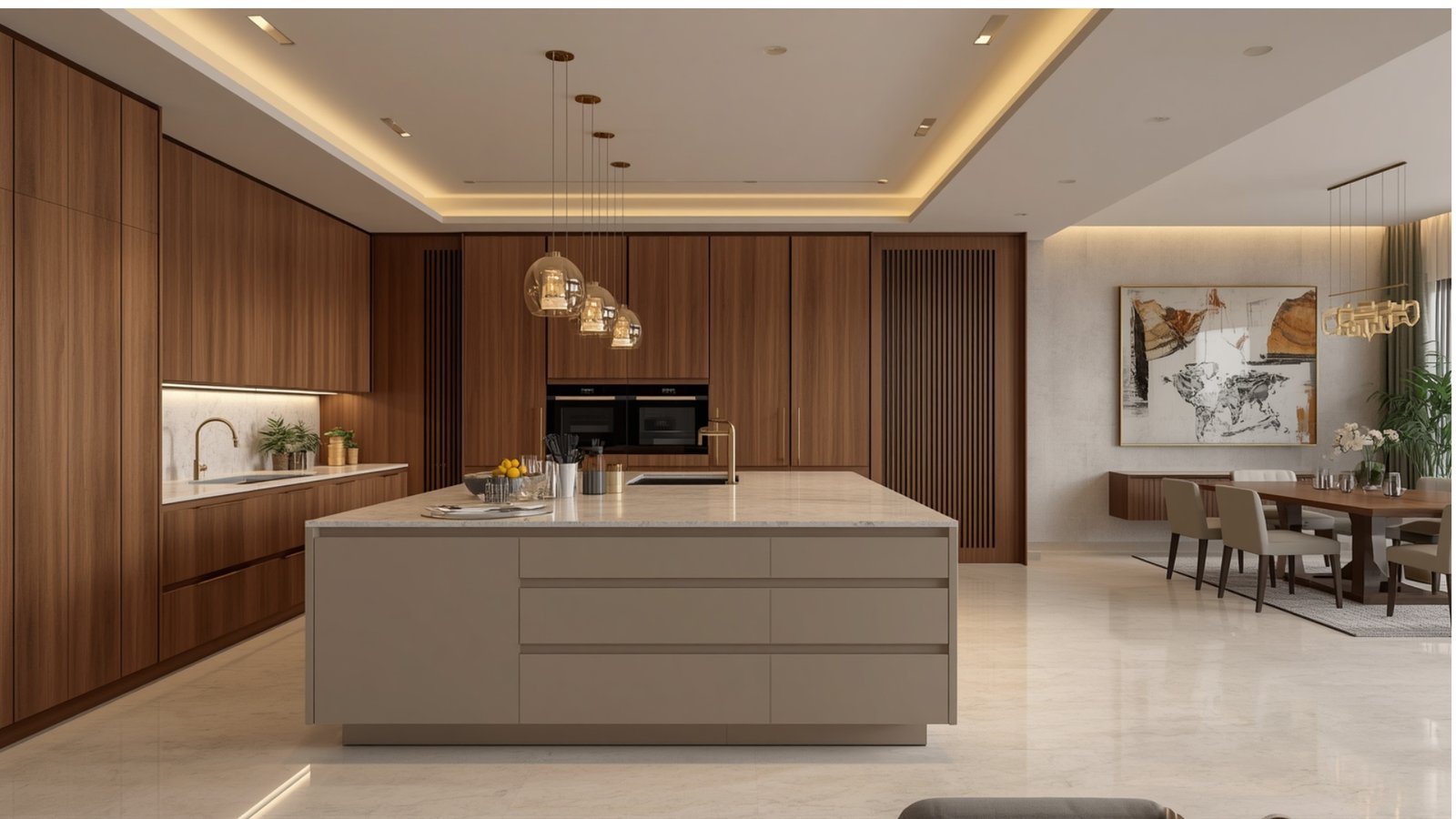 Modern modular kitchen in Kandivali with matte cabinets, wood accents, quartz countertop, and efficient storage solutions
