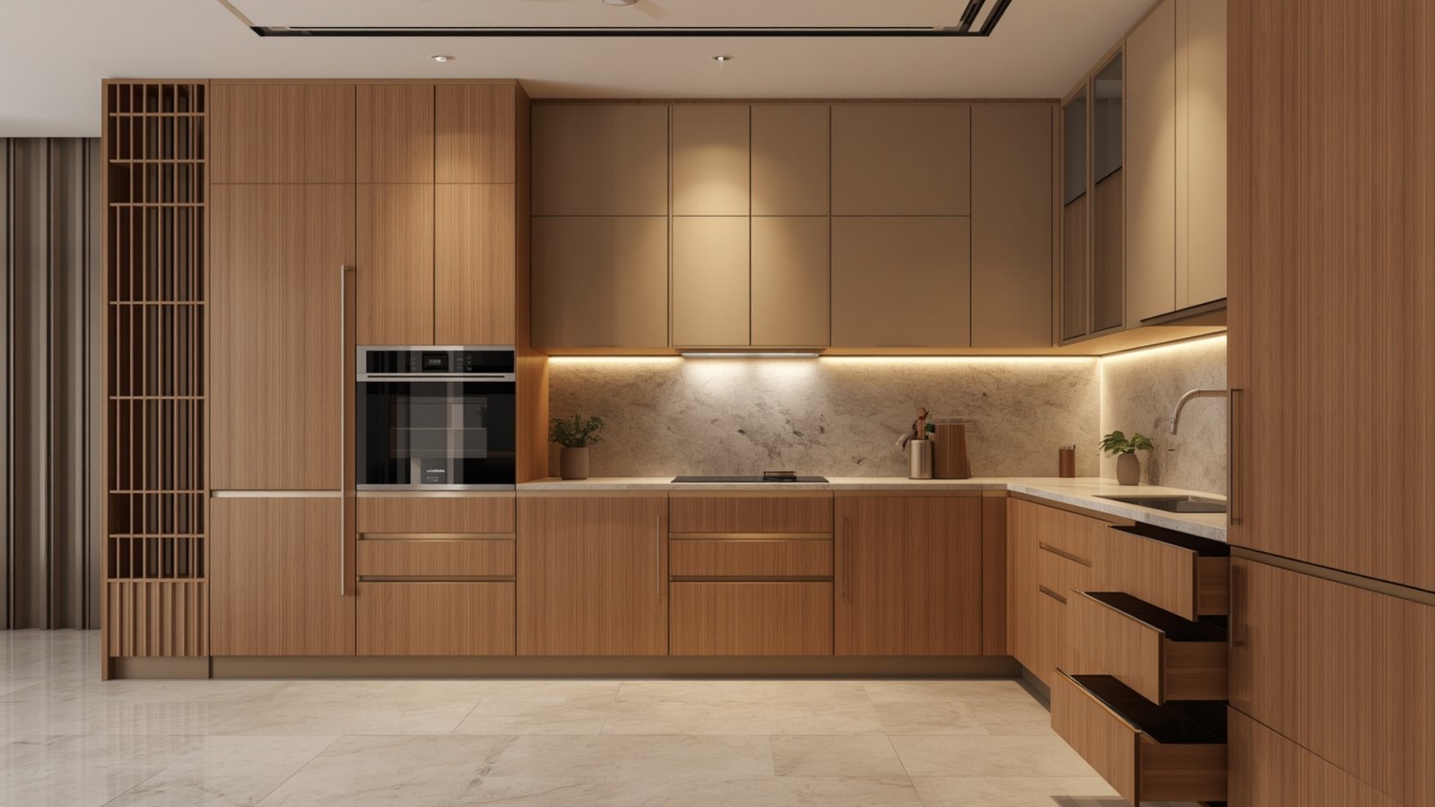 Modular kitchen with tall storage cabinets for maximizing vertical space and keeping a modern kitchen organized