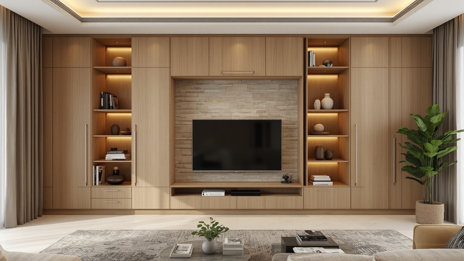 Multifunctional TV unit design with built-in storage, display shelves, cabinets, and modern living room décor