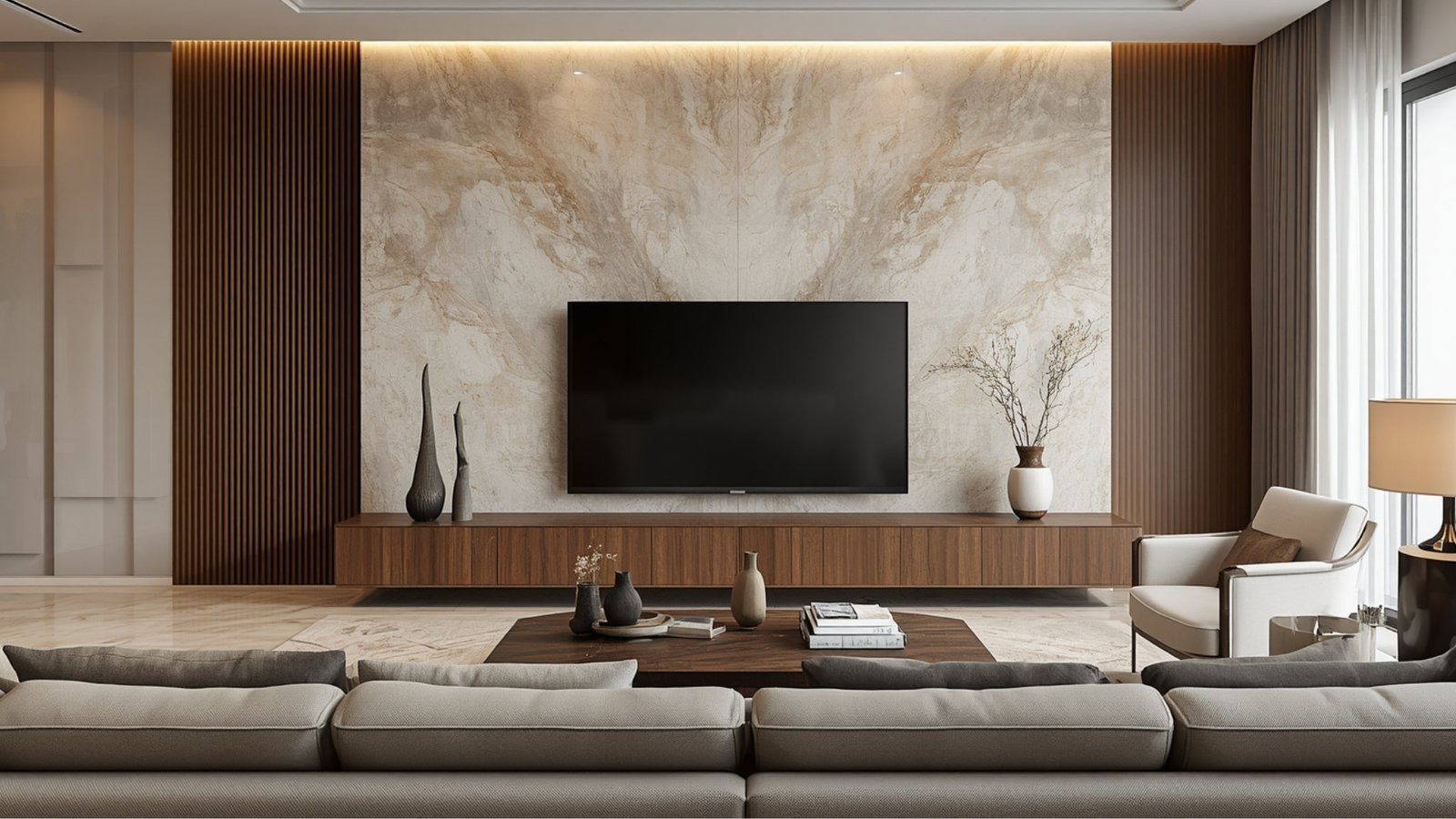 Multifunctional TV wall design with built-in storage, wall-mounted television, display shelves, and modern living room décor