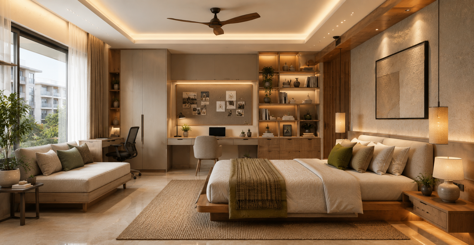 Multipurpose bedroom design with a comfortable bed, compact work desk, smart storage, and flexible furniture