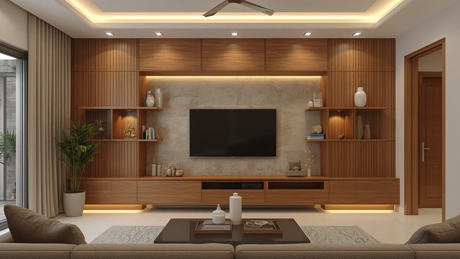 Natural wood finishes in a modern home creating warmth with wooden furniture, wall panels, flooring, and elegant décor