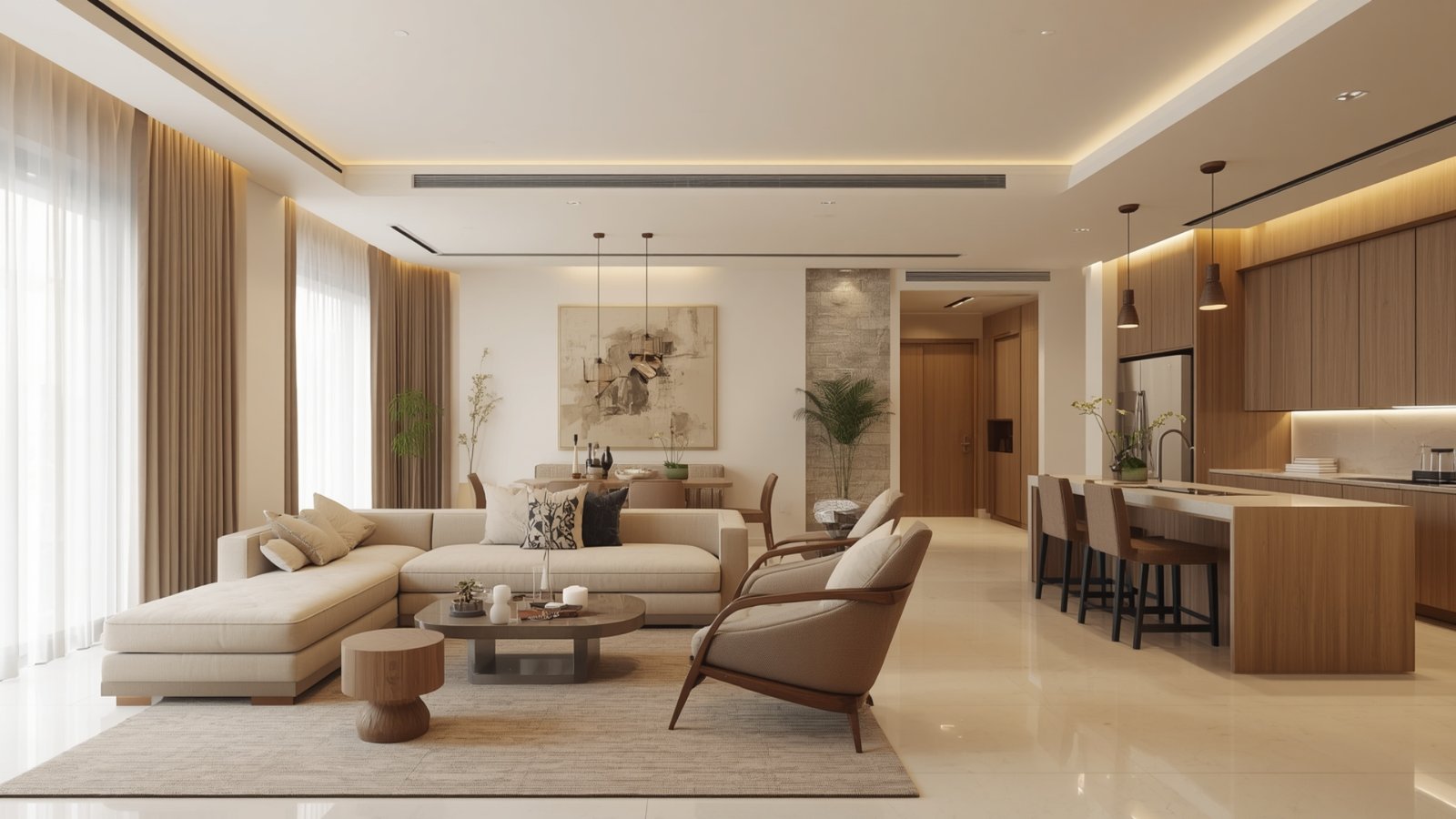 Neutral home interior featuring soft beige walls, natural wood furniture, textured upholstery, indoor plants, and layered lighting