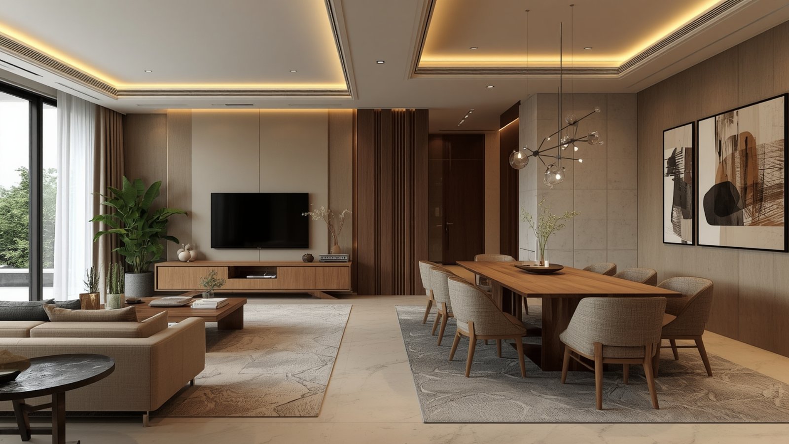 Open-plan living and dining area with modern furniture, coordinated décor, natural light, and a seamless interior layout