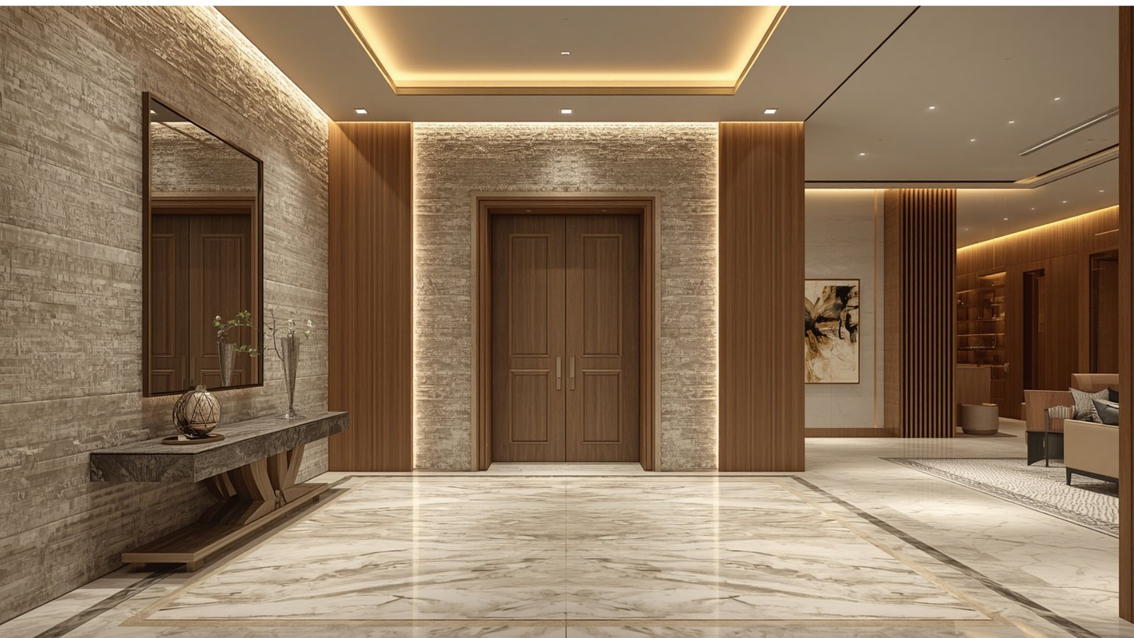 Organized home entrance with smart storage, a stylish console table, shoe cabinet, mirror, and decorative accents