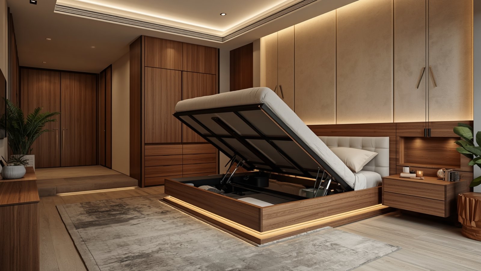 Platform bed with storage drawers for a modern bedroom offering practical space-saving storage and stylish design