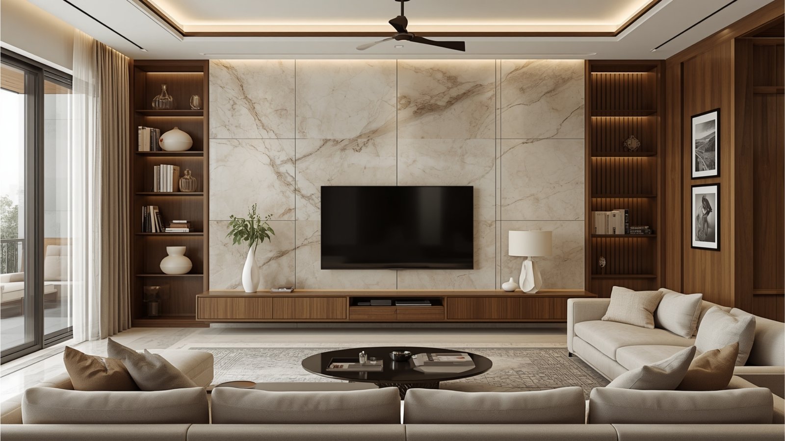 Premium materials used as focal points in a luxury home interior with natural stone, wood, marble, and elegant lighting